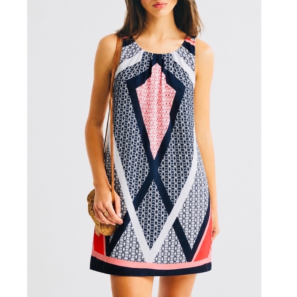 Dana Buchman Red/Blue/Pink Geometric Charmeuse Shift Dress
